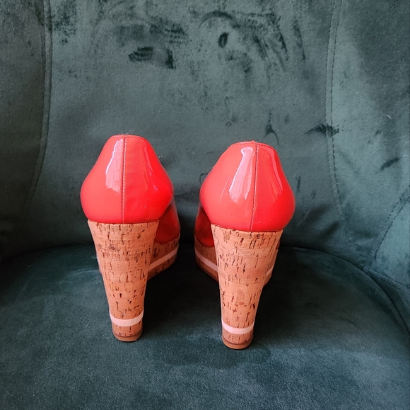 PRADA Pink Patent Leather Peep-Toe Cork Wedges 7 - Picture 3 of 9